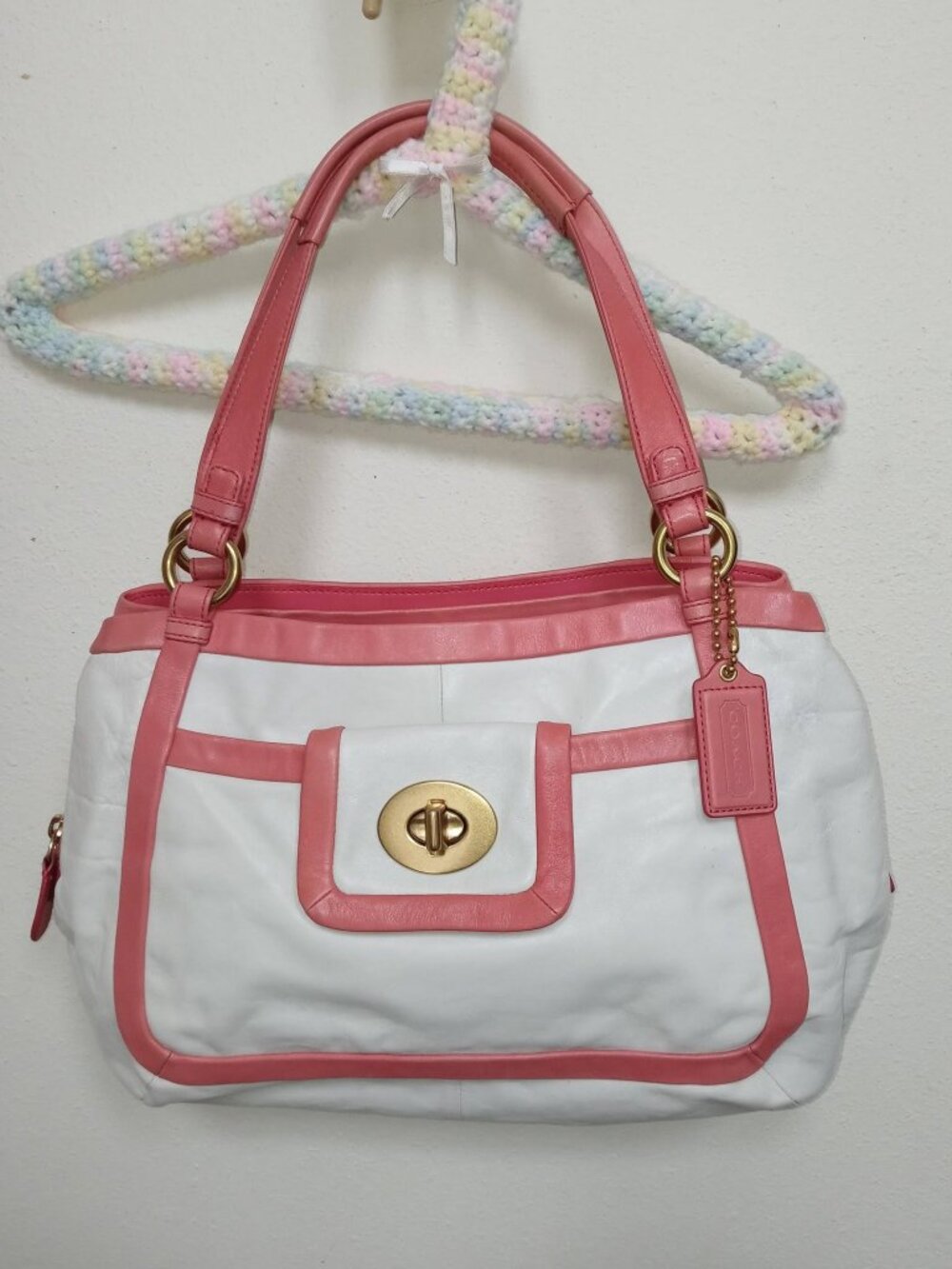 Coach Cricket Satchel Purse White & Coral Pink Bag Y2K Vintage